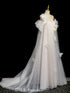 Ivory Tulle with Flowers Scoop Long Wedding Party Dress, Ivory Tulle Long Formal Gown
